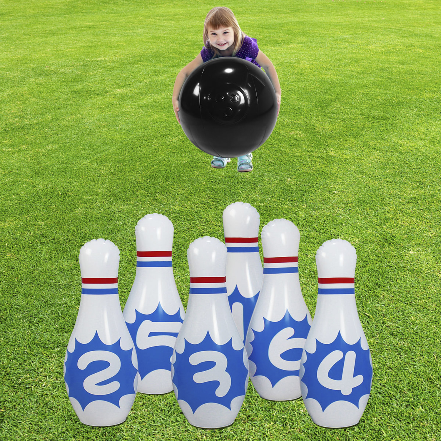 Juego de bolos hinchable, bola y 6 bolos.