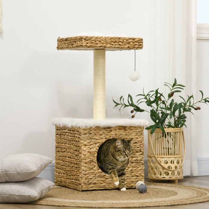 Arbre à chat style cosy chic griffoir sisal niche plateforme d'observation boule jacinthe d'eau peluche aspect fourrure