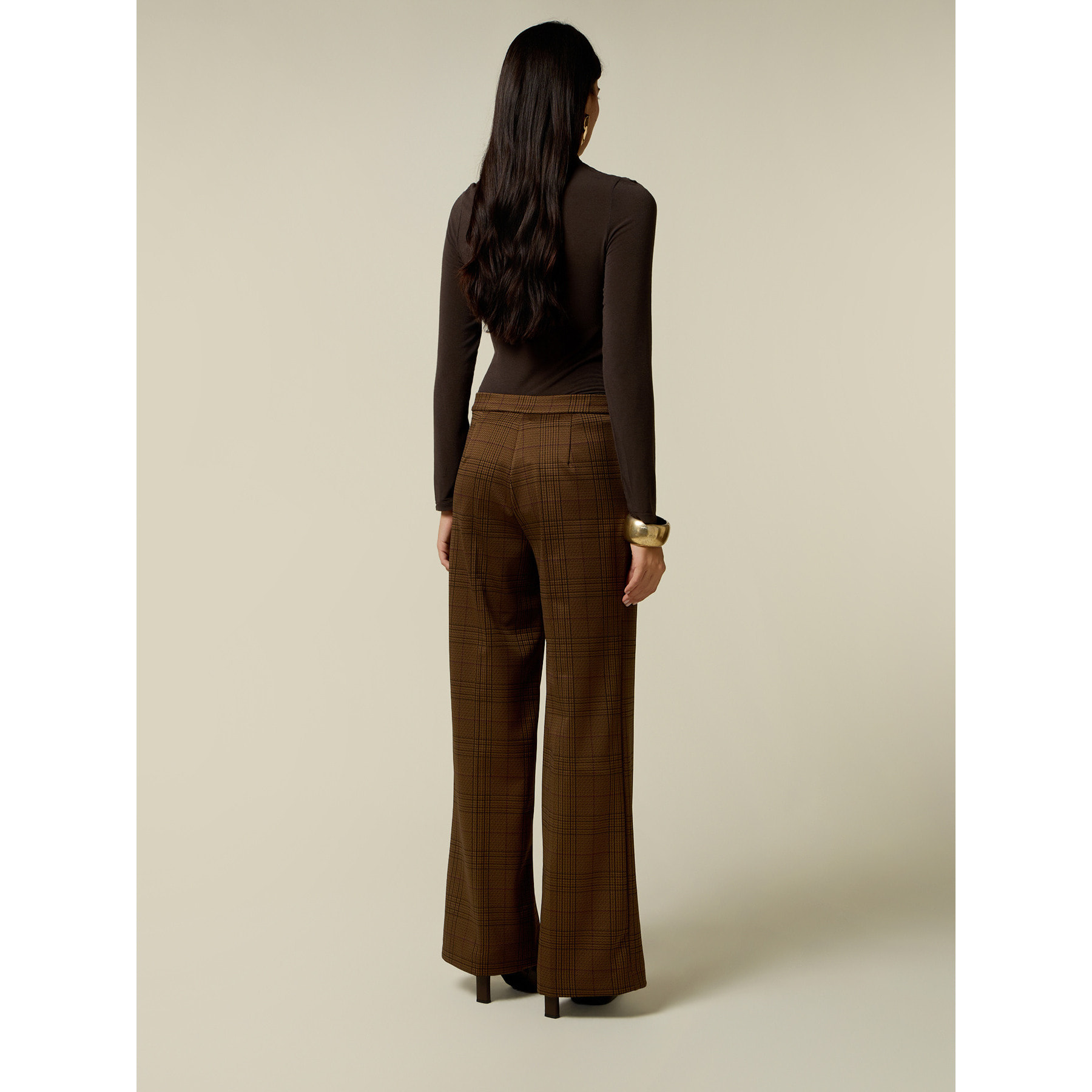 Oltre - Pantalones palazzo en punto Milano de cuadros - Marrón