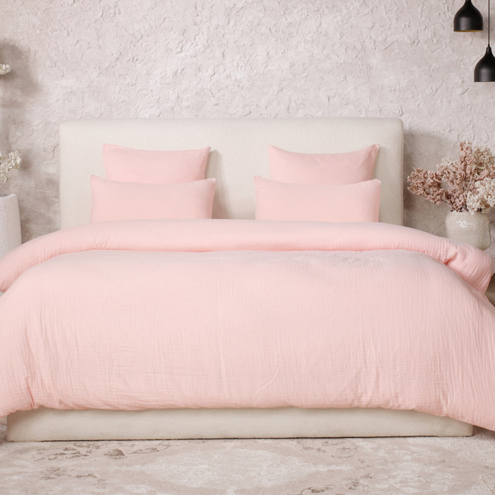 Parure Housse De Couette Uni 100% Gaze de Coton - Ava - Rose Lotus