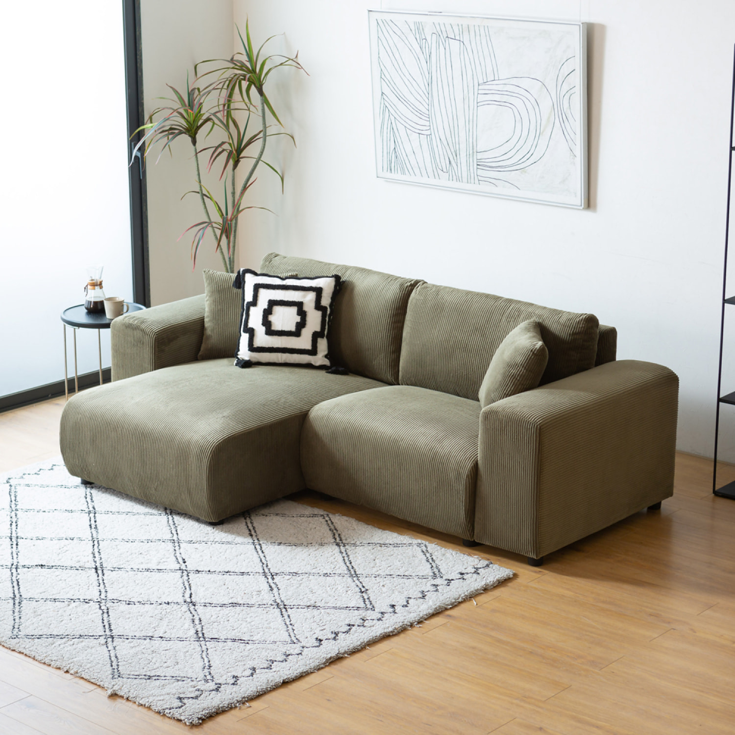 JAMBI Canapé d'angle réversible 3 places en velours côtelé vert