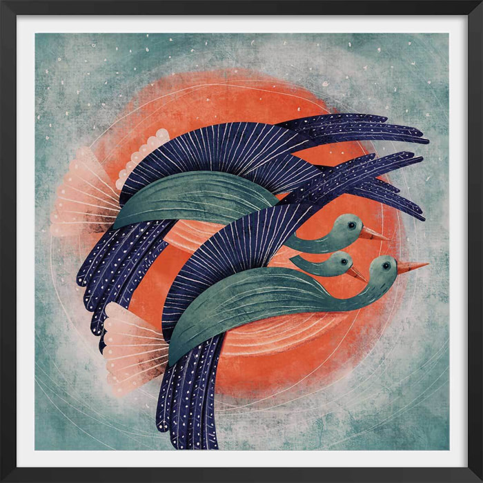 Affiche illustration oiseau lyre Affiche + cadre en bois - Noir