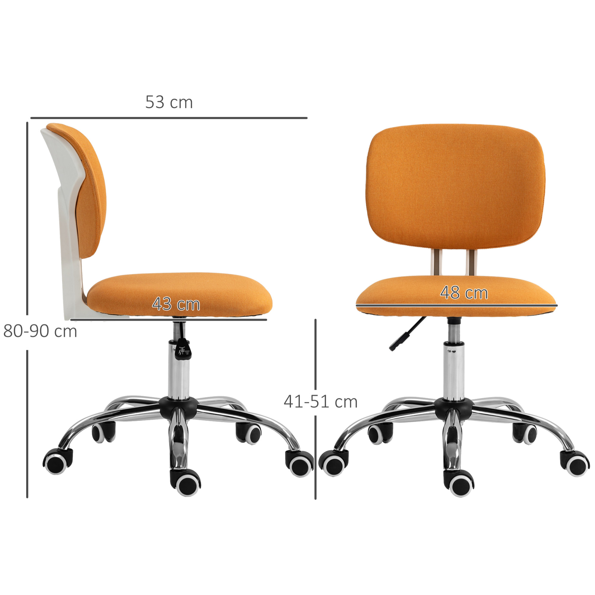 Silla de Oficina sin Brazos Silla de Escritorio Giratoria Tapizado de Tela con Altura Ajustable Estilo Moderno Carga 120 kg 48x53x80-90 cm Naranja