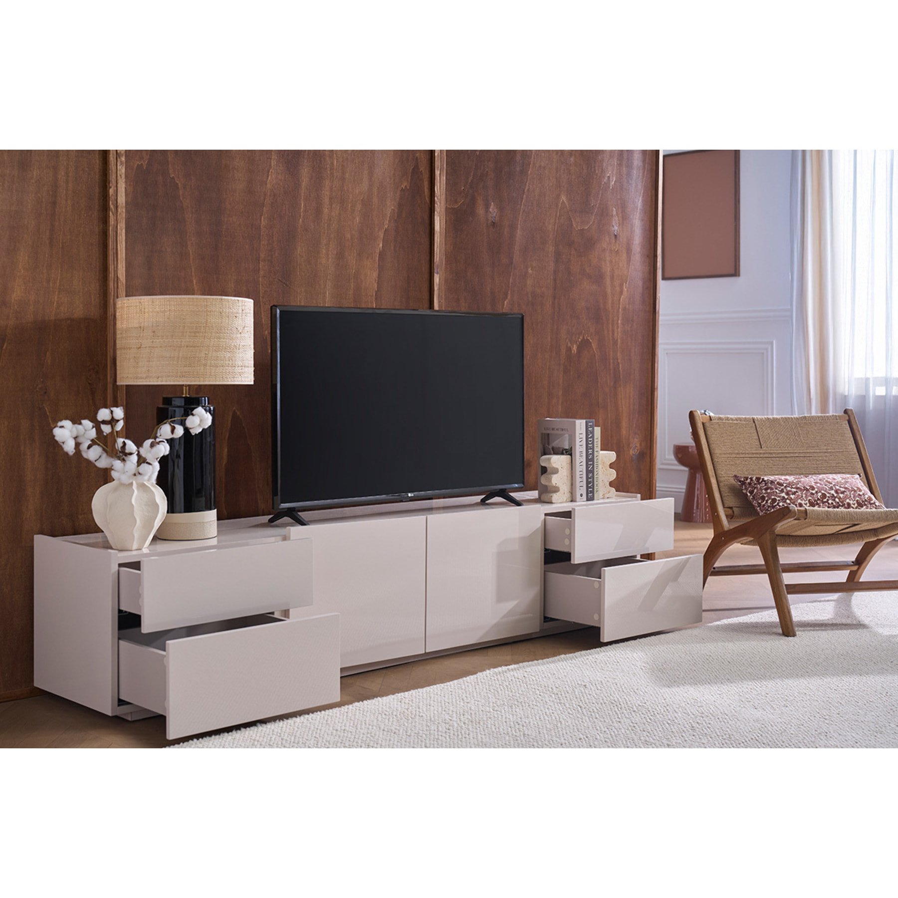 Meuble TV design beige laqué brillant avec rangements L200 cm ISAURE