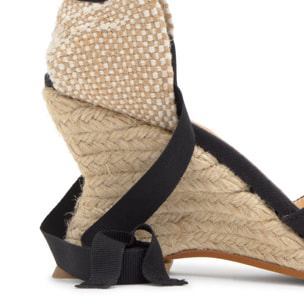 Alpargata Jud cuña de yute geométrica en lino con lazo, escote en V y punta afilada