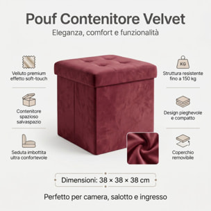 Pouf contenitore in velluto 38x38x38 cm, cubo imbottito con vano interno, seduta elegante effetto velvet trapuntato, resistente fino a 150 kg, salvaspazio ideale per camera soggiorno ingresso e cameretta