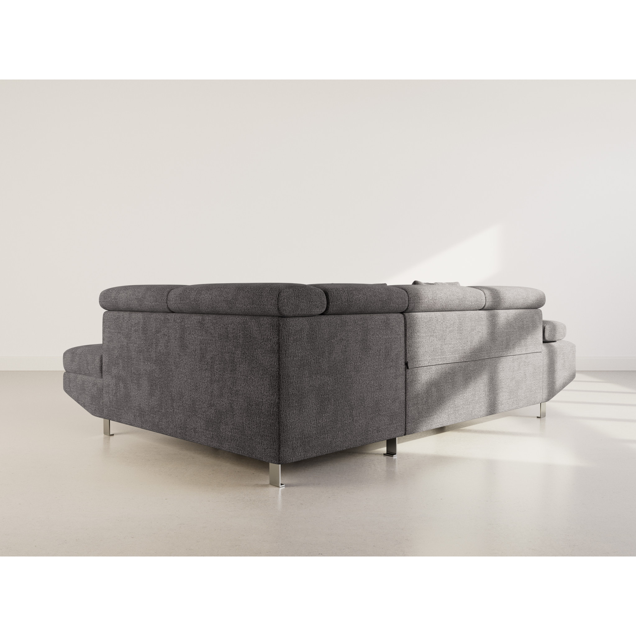 Margaux - Canapé d'angle droit 5 places convertible avec coffre et têtières réglables en velours texturé - Gris
