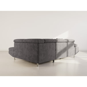 Margaux - Canapé d'angle droit 5 places convertible avec coffre et têtières réglables en velours texturé - Gris