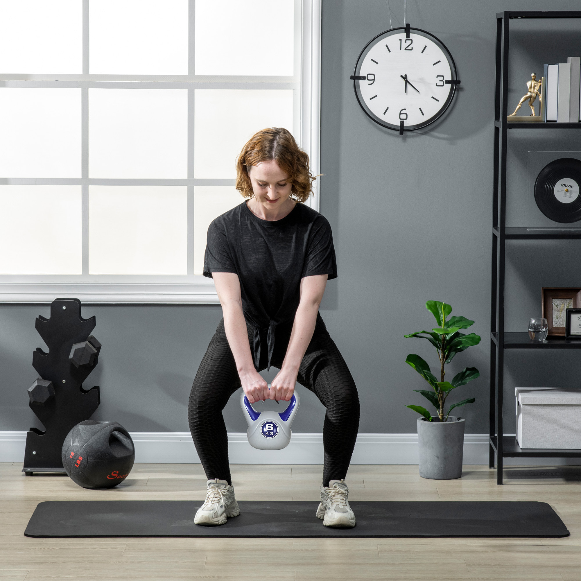 Pesa Rusa 6 kg, Kettlebell Revestimiento de PU y Relleno de Arena, con Mango Ancho y Base Plana, para Entrenamiento Culturismo, en Casa, Gimnasio, 20x13x22 cm, Violeta y Gris