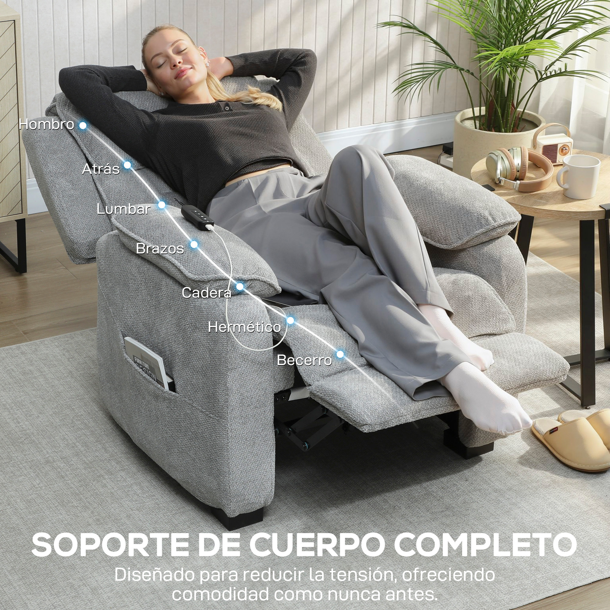 Sillón Relax Reclinable Eléctrico con Motor Silencioso, Sillón Reclinable de Terciopelo con Mando con 2 Posiciones de Memoria, Reposapiés, Reposacabezas, Puerto USB, Bolsillos, Gris Claro