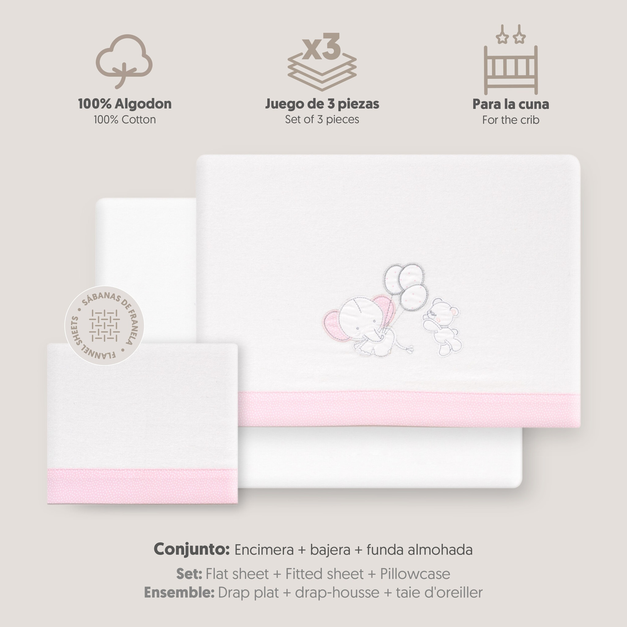 Triptico Cuna Franela Oso Elefante Globos Bco/Rosa