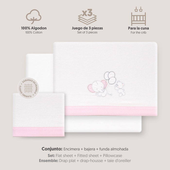 Triptico Cuna Franela Oso Elefante Globos Bco/Rosa