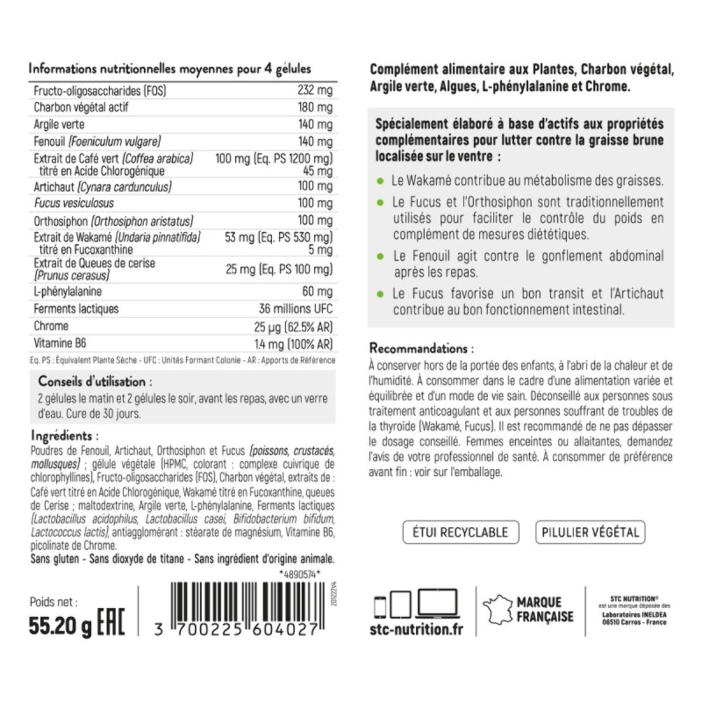STC NUTRITION - Taille Abdos Ventre Plat - Complément Alimentaire Spécial Graisses Abdominales - Bien-être digestif - 100% Vegan - 120 Gélules Végétales