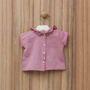 T-shirt a maniche corte con colletto a balze rosa-beige