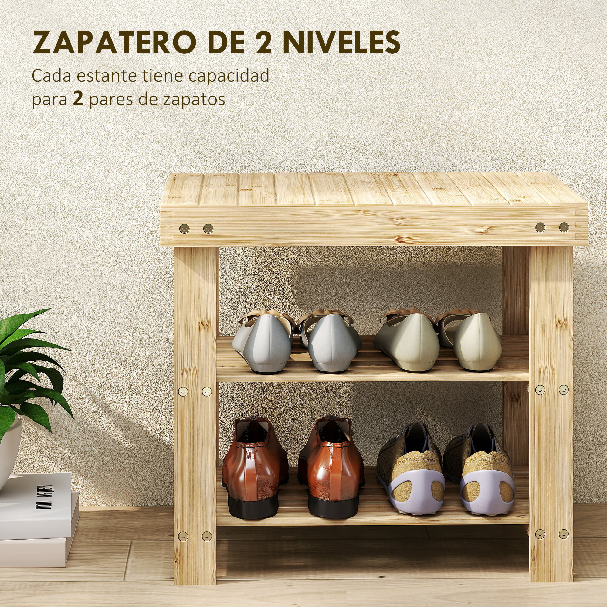 Banco Zapatero de Bambú Zapatero con Asiento Organizador de Zapatos de 3 Niveles para 4 Pares Zapatos para Entrada Salón Dormitorio 50x28x45 cm Natural