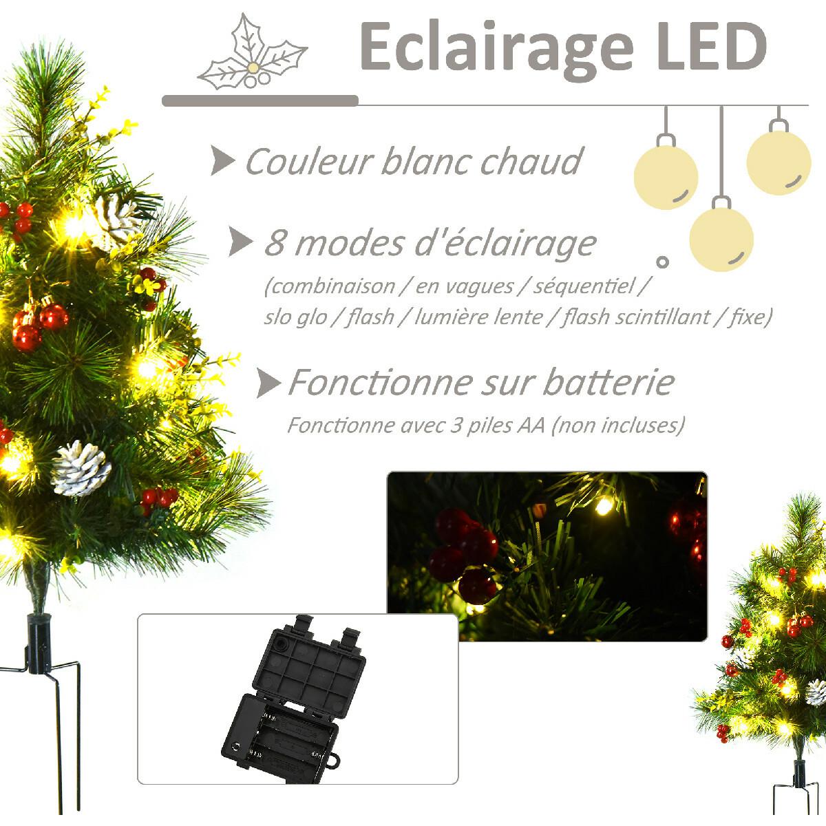 Sapins de Noël artificiel 75 cm - lot de 2 sapins LED - 8 modes réglable d'éclairage - 70 branches - décoration incluse - installation extérieur