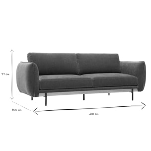Canapé design 3 places en tissu effet velours vert kaki et métal noir TODD