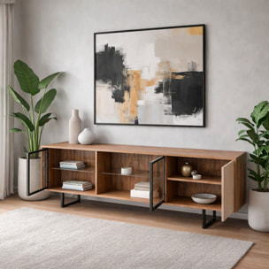 Porta TV 3 Ante Con 2 LED Inclusi 2 Ante Vetro Fumè Mobile TV Moderno Con Ripiani Interni Piedi In Ferro Nero 185 x 60 x 40  Cm Rovere E Grigio Caldo