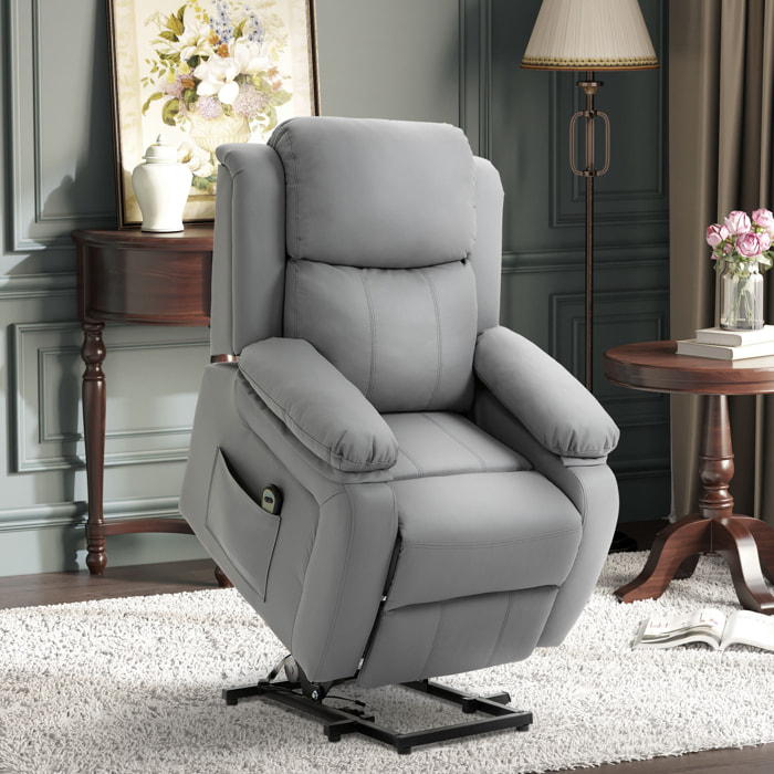 Sillón Relax Levanta Personas Auto-Ayuda con Control Remoto Reclinación Eléctrica 160° Reposapiés Respaldo Tapizado en PU y Bolsillos Laterales 76x90x105 cm Gris