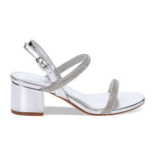 Sandali argento in laminato con pietre, tacco 5,5 cm