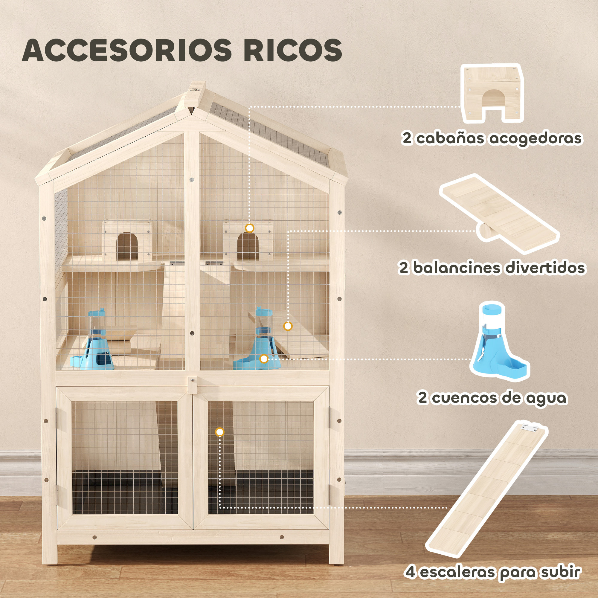 Jaula para Hámster de Madera de 3 Niveles, Casa para Hámster con Bebederos, Casetas, Balancines, Rampas, Bandeja Extraíble y Tapas Abatibles, 68x61,5x90 cm, Natural