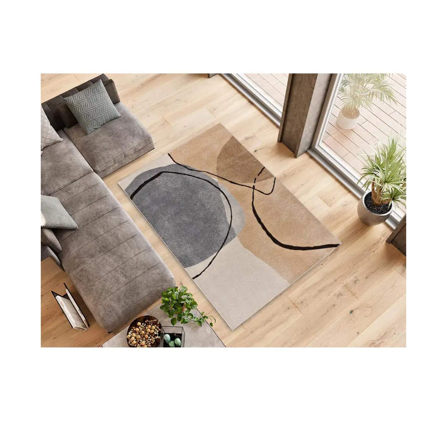 LESSIA Alfombra abstracta de pelo corto beige, varias medidas disponibles.