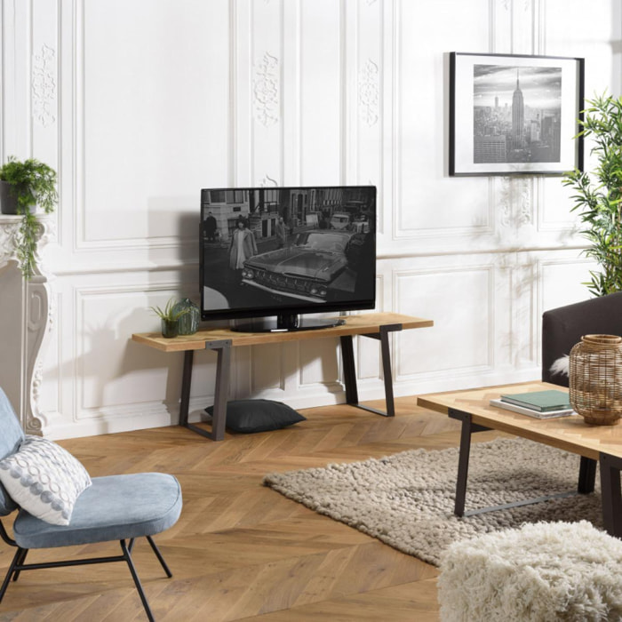 CLEMENCE - Meuble TV plateau chevrons bois et pieds métal noir