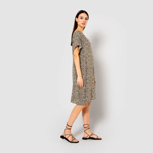 Vestido corto bambula detalles plisados lira beige/negro
