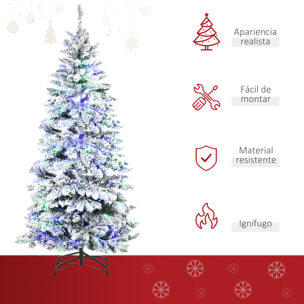 Árbol de Navidad Artificial con 250 Luces LED 210 cm Árbol Nevado con 829 Ramas y Base Plegable de Metal Decoración Navideña para Interiores Ø112x210 cm Verde