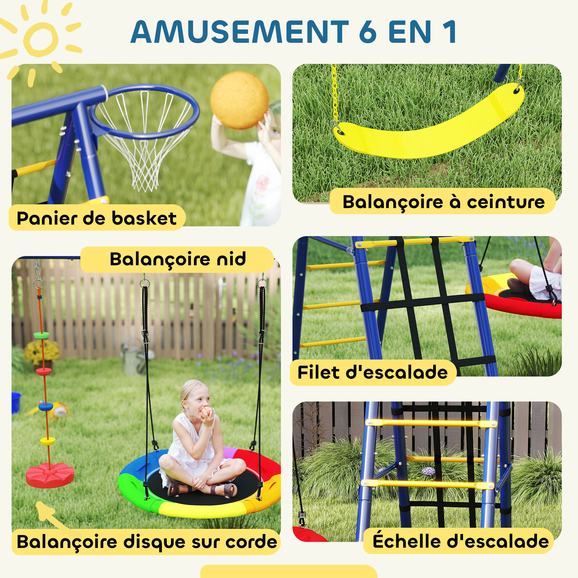 Portique balançoire 6 en 1 - balançoire, corde et filet d'escalade, nid oiseau, panier basket, échelle - acier bleu jaune
