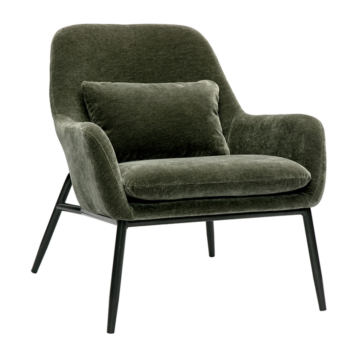 Fauteuil design en tissu effet velours vert kaki et métal noir MAXINE