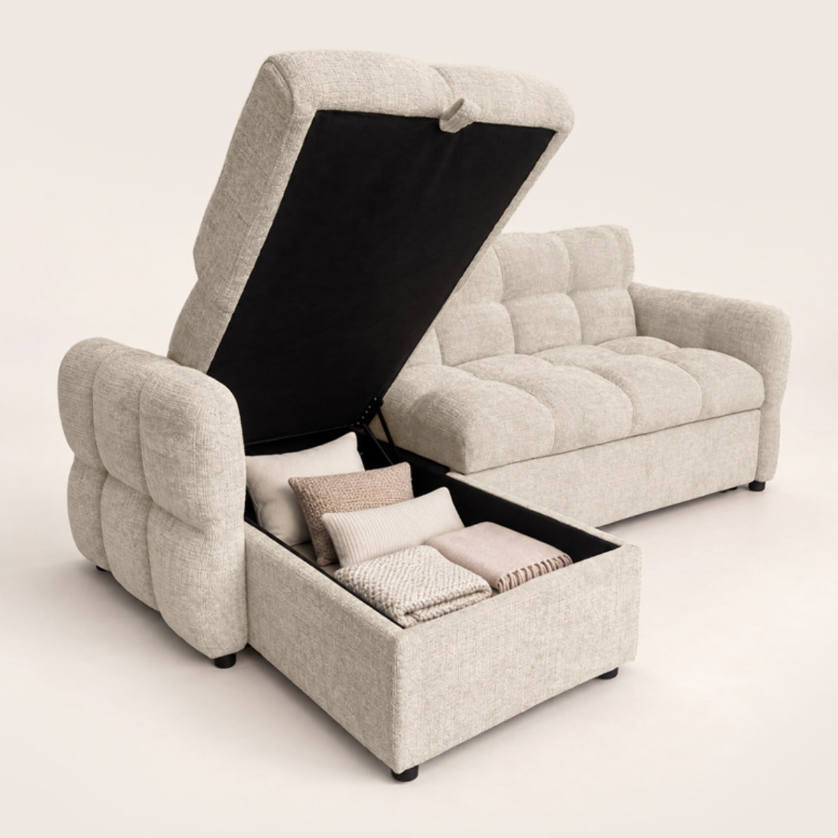 Octave - Canapé d'angle réversible 4 places convertible avec coffre en velours texturé - Beige