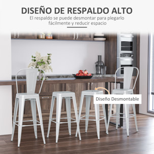 Juego de 4 Taburetes de Bar con Respaldo Alto Silla de Comedor de Acero con Reposapiés para Comedor Carga 120 kg 44x53x116 cm Gris Plata