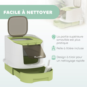 Maison de toilette pour chat - avec porte translucide, pelle, 2 sacs de désodorisation - 2 options entrée et sortie - vert