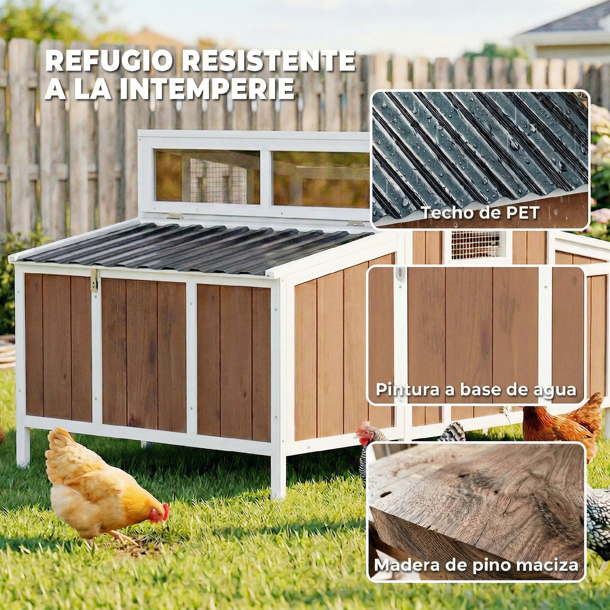 Gallinero para Exterior de Madera, 145x90x92 cm para 2-4 Gallinas, Gallinero con Nido, Casa Lateral, Bandeja Extraíble, Techo Impermeable, Puertas con Cerradura, Perchas, Conejera, Marrón Claro