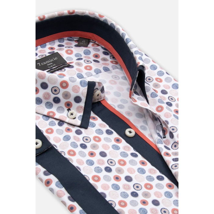 camicia uomo slim 1 bottone button down doppio collo Popeline Stretch Stampato Bianco e Arancio