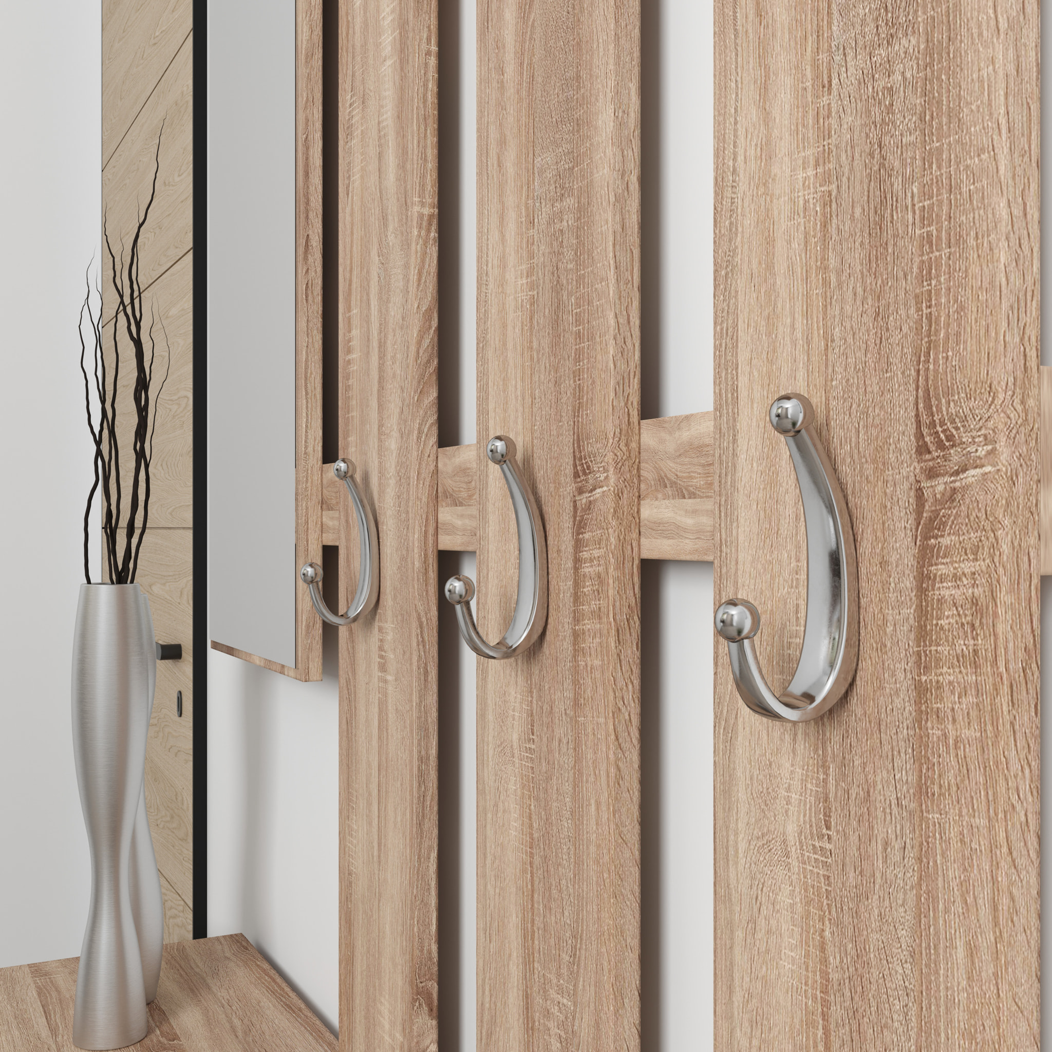 Mobile Belem Mobiletto da Ingresso con Scarpiera Appendiabiti e Specchio Arredo Arredamento Corridoio Entratina 97 x 35 x 25 cm (Bianco e Quercia)