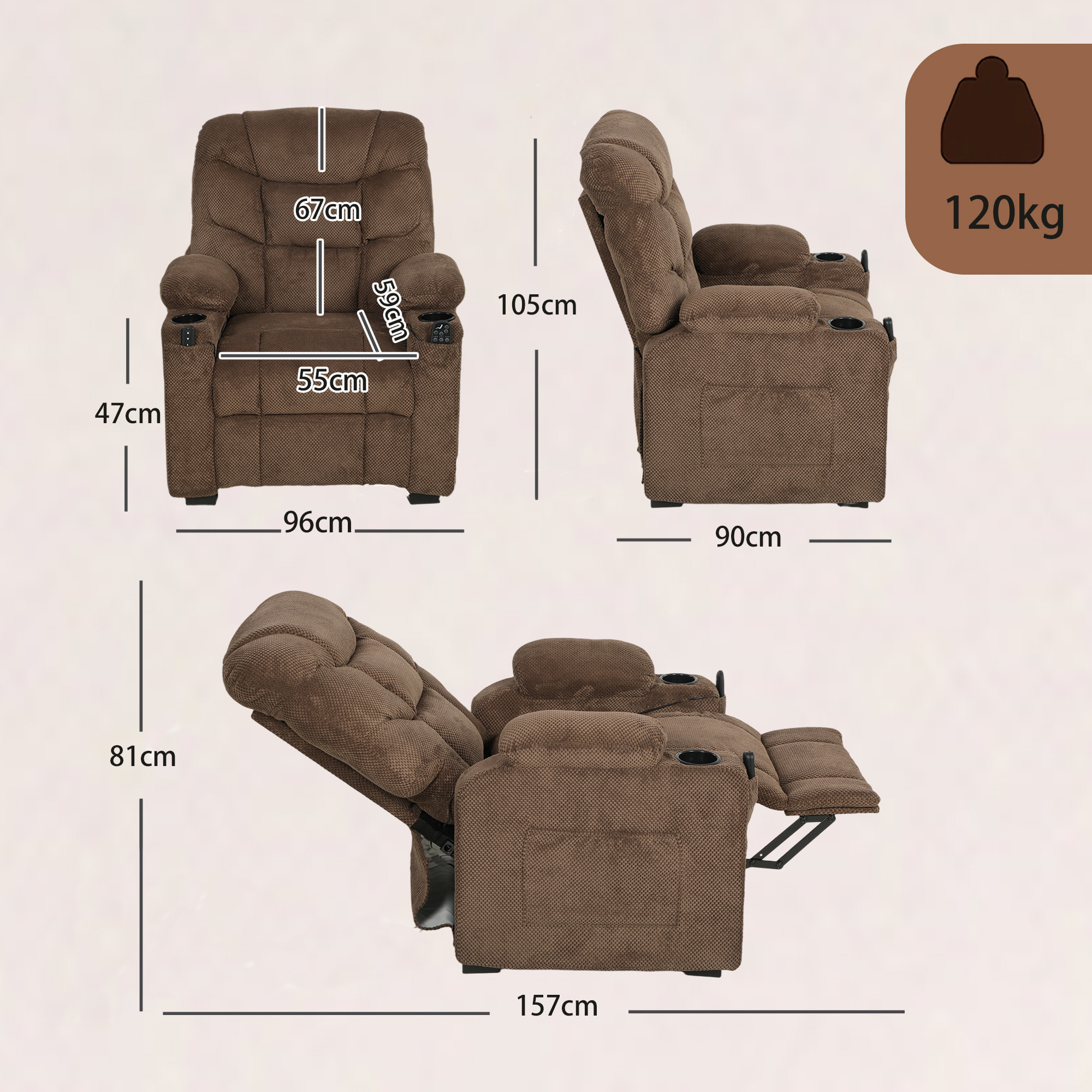 Sillón Relax Reclinable Eléctrico con Calor Lumbar y Masaje Vibración, Sillón Masaje Relax, Motor Silencioso, Función Memoria, Asiento Ancho, Bolsillos, Portavasos, USB, Tela Terciopelo, Marrón