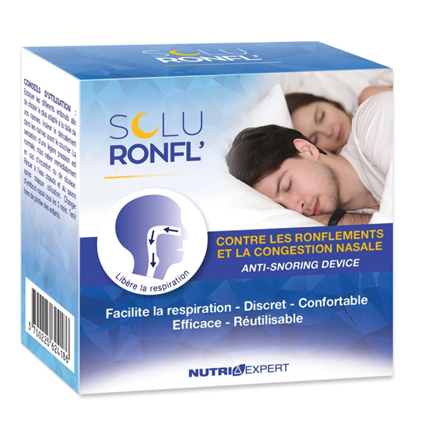 NUTRI EXPERT - Soluronfl' Dispositif Nasal Anti-Ronflements - Facilite la respiration instantanément - Réduit les ronflements - 4 tailles d'embouts - Marque Française