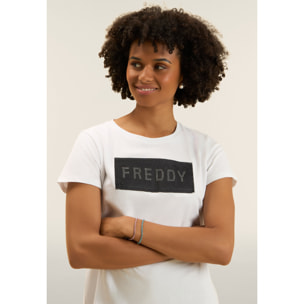 T-shirt con strass e inserto in mesh