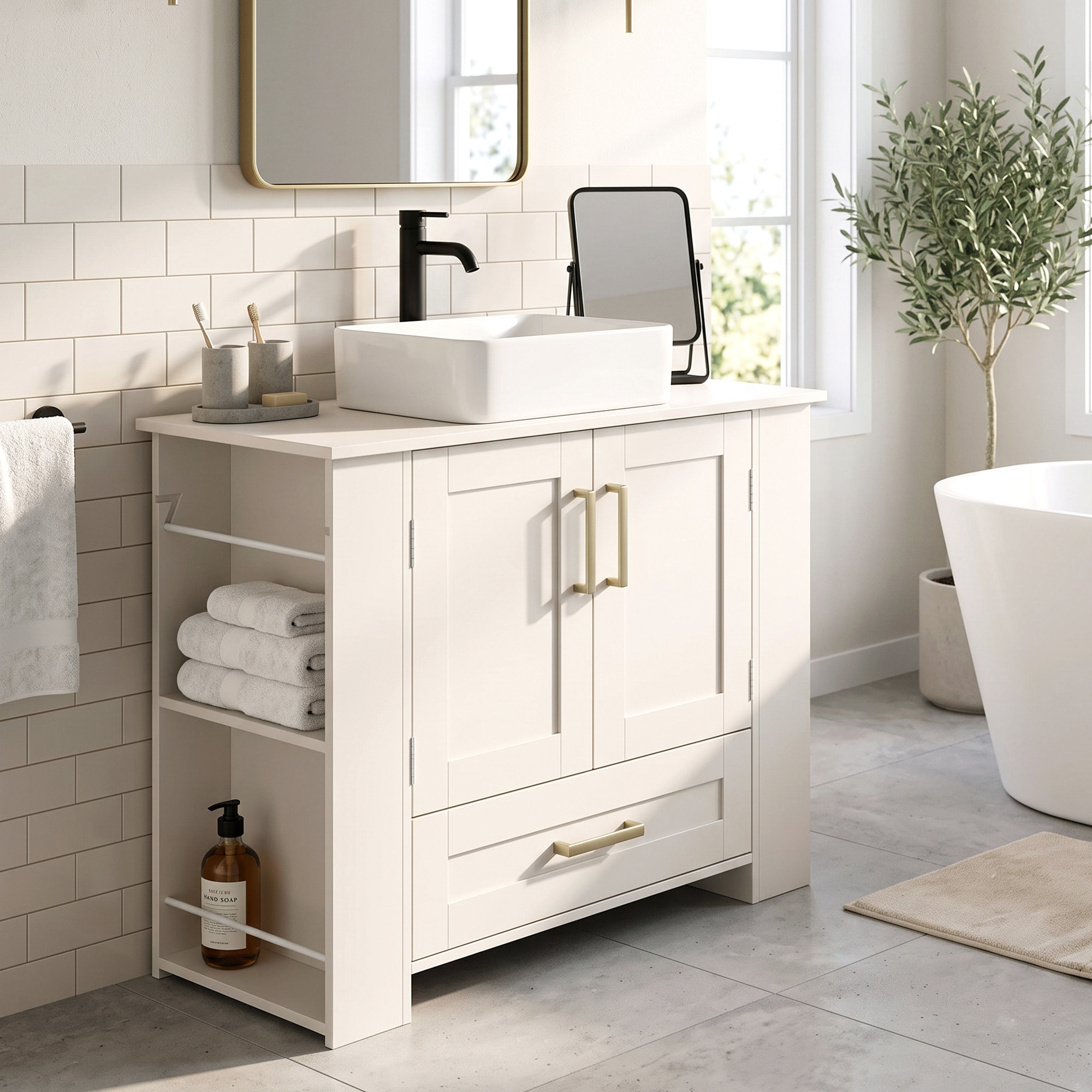 HOMCOM Mueble Bajo Lavabo, Mueble de Baño con Estantes en la Puerta, Portarrollos, Cajón, Compartimentos Abiertos, para Lavabo sin Pedestal, 80x30x62 cm, Blanco