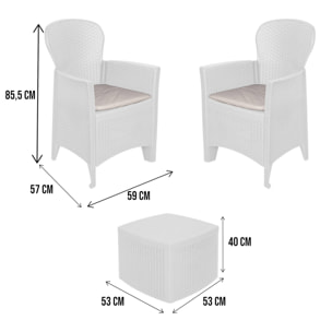 Set salotto da esterno Napoli, Set da giardino con 2 poltrone ed 1 tavolino contenitore, Salottino effetto rattan, 100% Made in Italy, Bianco