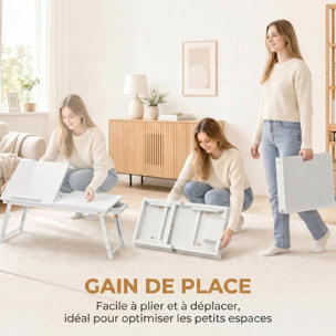 Table de lit pliable réglable pour ordinateur - plateau inclinable, tiroir - bois bambou MDF blanc