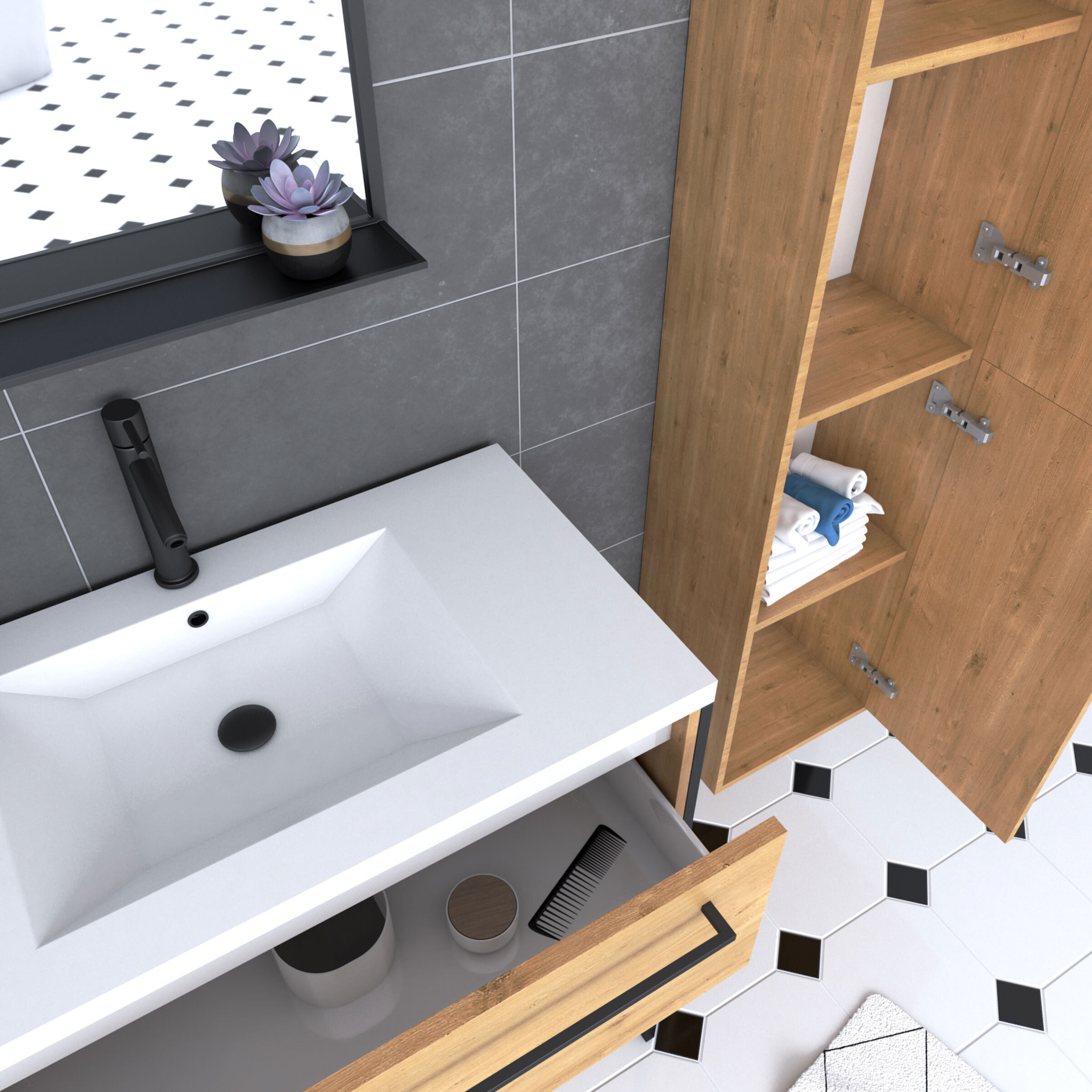 Pack Meuble SDB 80cm sur pieds 2 tiroirs Chene - Vasque resine blanche + Miroir + Colonne 150cm
