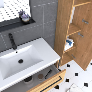 Pack Meuble SDB 80cm sur pieds 2 tiroirs Chene - Vasque resine blanche + Miroir + Colonne 150cm