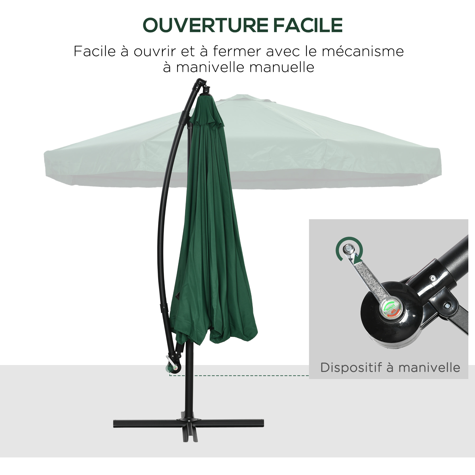 Parasol déporté octogonal inclinable pivotant manivelle moustiquaire pied acier Ø 2,95 x 2,42H m vert