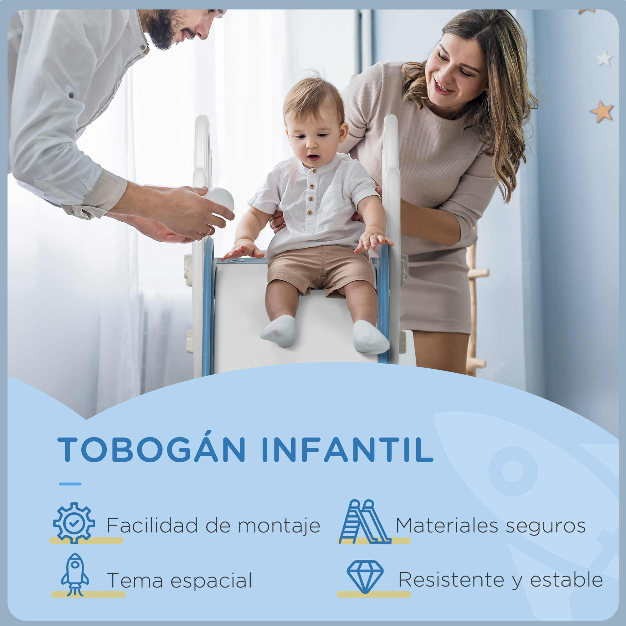 Tobogán Infantil Tobogán para Niños de 18-36 Meses con 3 Escaleras Antideslizantes Carga 30 kg para Interior Hogar 157x46,5x80 cm Azul y Gris