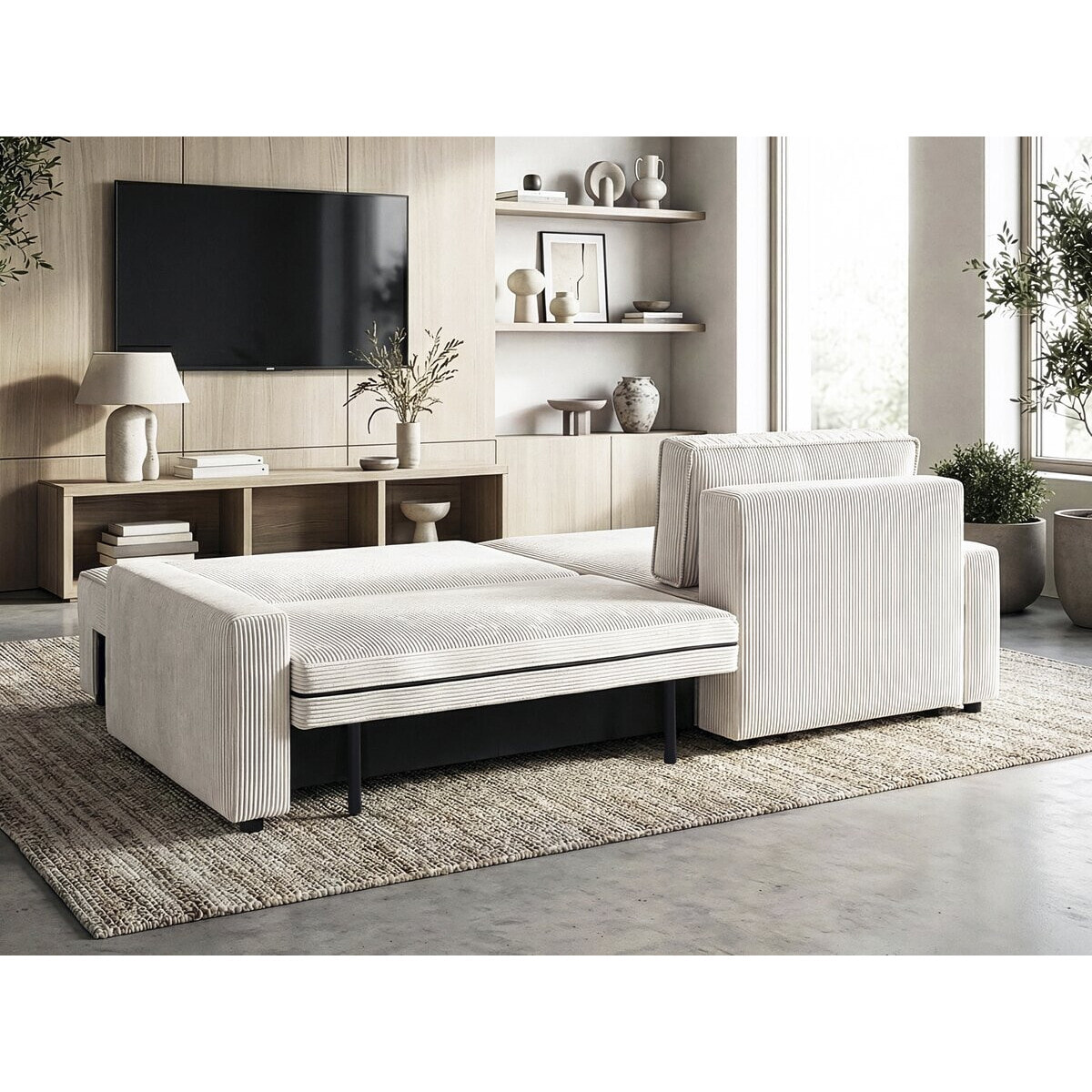 Canapé d'angle convertible et reversible en velours côtelé "Montaigne" - 3 places  - Beige