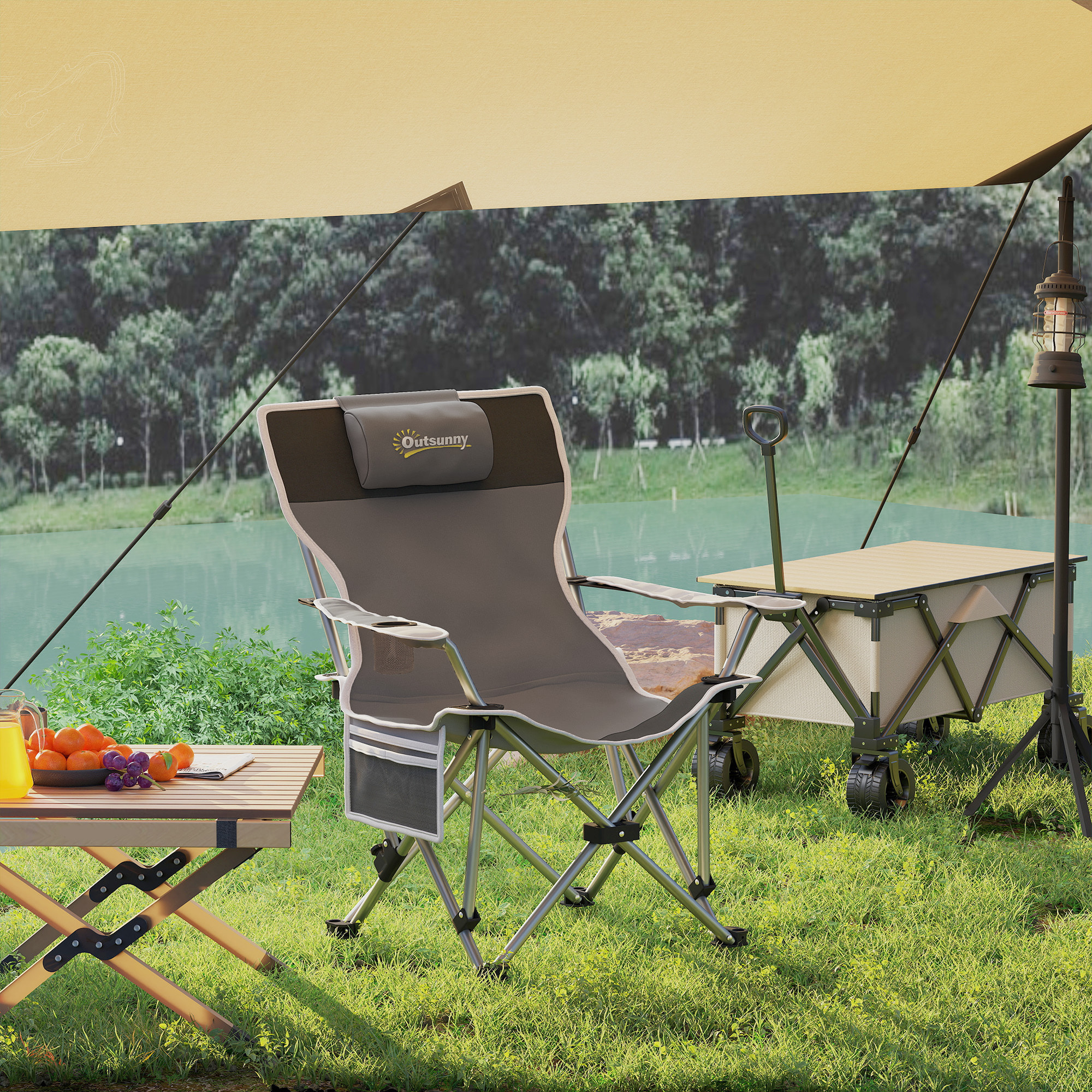 Chaise de camping pliante - repose-pied amovible, rangements - sac transport - gris