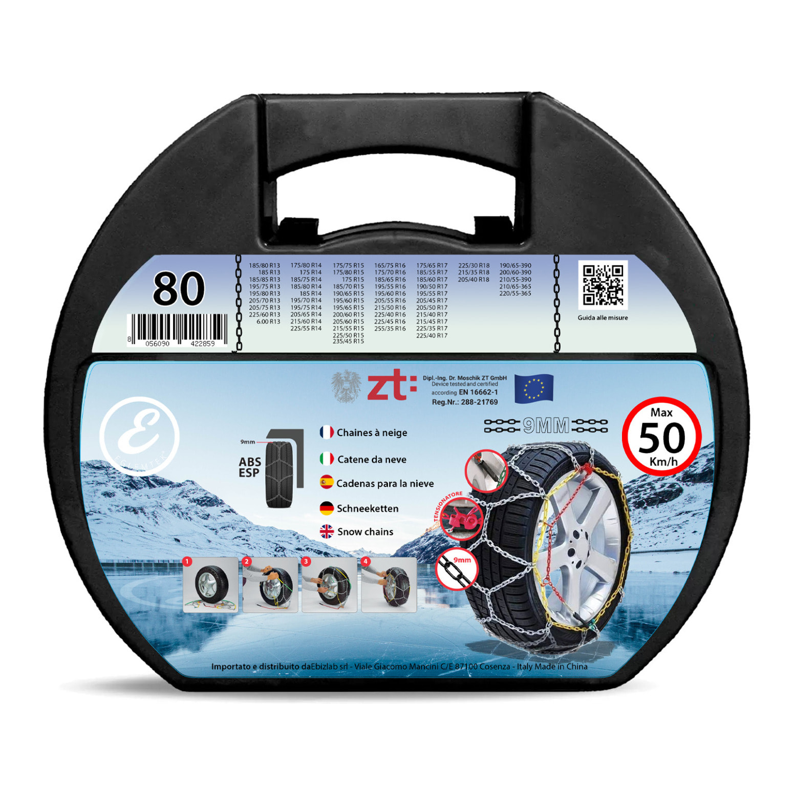 Catene Da Neve In Metallo 9 mm Omologate TUV e GS Onorm Montaggio Rapido Per Auto Macchina Furgone SUV Con Tensionatore Autobloccante (Misura 80)